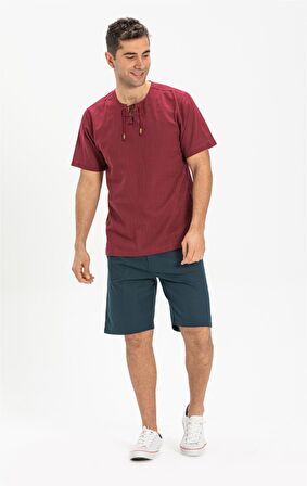 Büyük Beden Kısa Kol Şile Bezi Zımbalı Erkek Tshirt Koyu Bordo 3068
