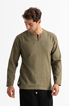 Uzun Kol Şile Bezi Bisiklet Yaka Erkek Tshirt Haki 3049