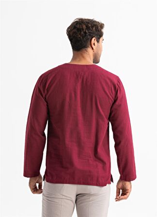 Uzun Kol Şile Bezi Zımbalı Erkek Tshirt Koyu Bordo 3068