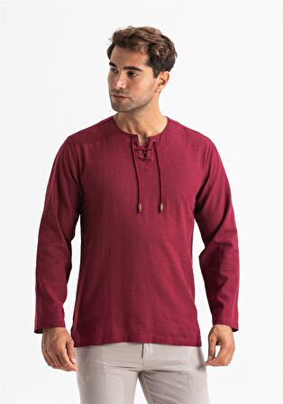 Uzun Kol Şile Bezi Zımbalı Erkek Tshirt Koyu Bordo 3068
