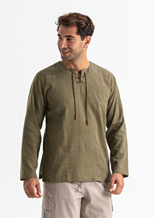 Uzun Kol Şile Bezi Zımbalı Erkek Tshirt Haki 3049