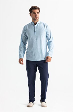 Uzun Kol Şile Bezi Bodrum Erkek T-Shirt Buz Mavi Bmv