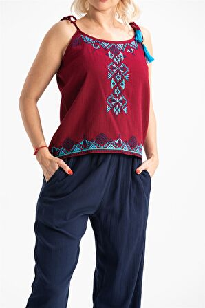 Askılı Şile Bezi Atiye Bluz Bordo Brd