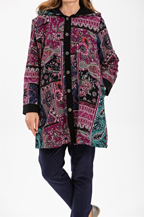 Uzun Kol  Kapüşonlu Tamay Pazen Ceket Mürdüm Mrd