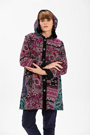 Uzun Kol  Kapüşonlu Tamay Pazen Ceket Mürdüm Mrd