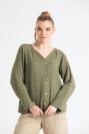 Uzun Kol Müslin Sedef Gömlek Haki Hk