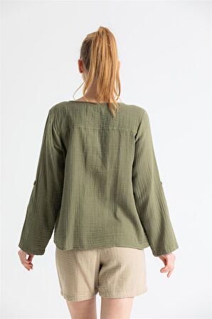 Uzun Kol Müslin Sedef Gömlek Haki Hk