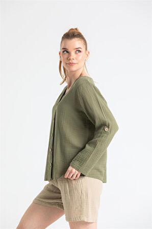 Uzun Kol Müslin Sedef Gömlek Haki Hk