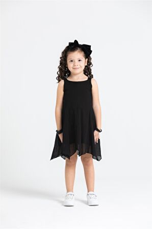 Askılı Şile Bezi Emel Çocuk Elbise Siyah Syh