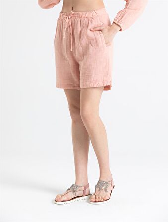 Müslin İnci Bağlamalı Şort Pudra Pdr