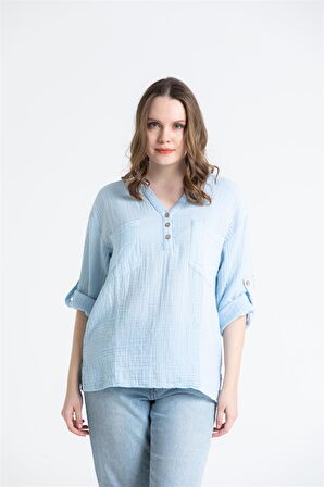 Uzun Kol Müslin Asu Bluz Buz Mavi Bmv