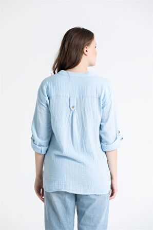 Uzun Kol Müslin Asu Bluz Buz Mavi Bmv