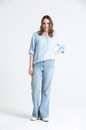 Uzun Kol Müslin Asu Bluz Buz Mavi Bmv