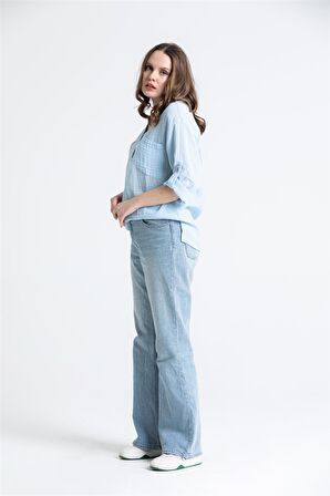 Uzun Kol Müslin Asu Bluz Buz Mavi Bmv