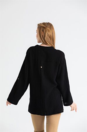 Uzun Kol Müslin Asu Bluz Siyah Syh