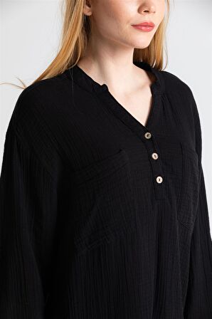 Uzun Kol Müslin Asu Bluz Siyah Syh