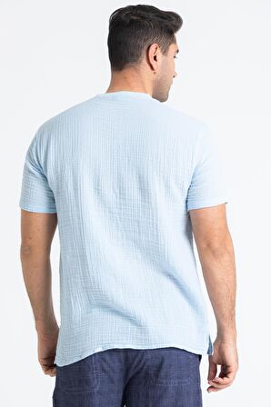 Kısa Kol Müslin Erkek Ribanalı Tshirt Buz Mavi Bmv