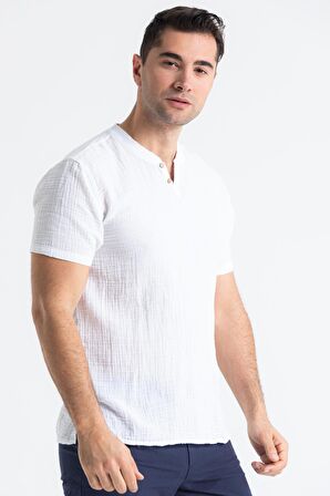 Kısa Kol Müslin Erkek Ribanalı Tshirt Beyaz Byz