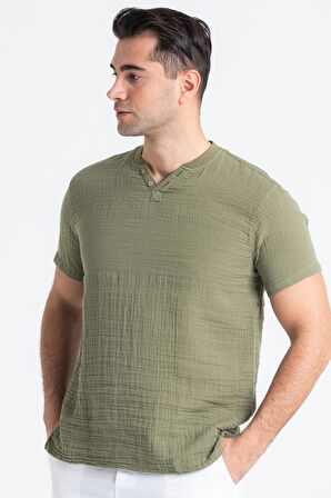 Kısa Kol Müslin Erkek Ribanalı Tshirt Haki Hk