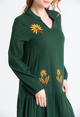 Uzun Kol Şile Bezi Aslı Nakışlı Uzun Elbise Yeşil Ysl