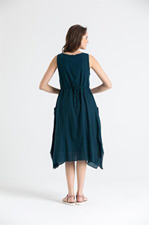 Kolsuz Şile Bezi Antik Nakışlı Midi Boy Elbise Petrol Ptrl