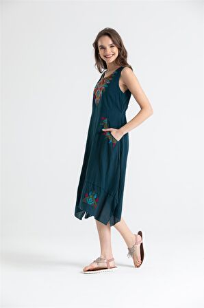 Kolsuz Şile Bezi Antik Nakışlı Midi Boy Elbise Petrol Ptrl