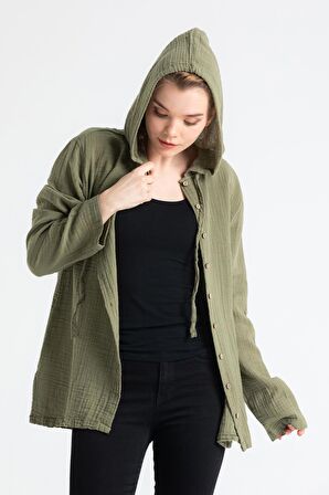 Uzun Kol Müslin Kapüşonlu Sweatshirt Haki Hk