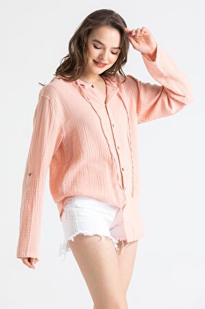 Uzun Kol Müslin Kapüşonlu Sweatshirt Pudra Pdr