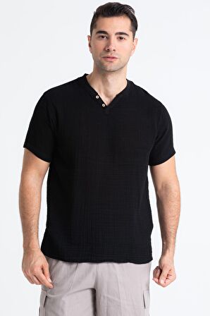 Kısa Kol Müslin Erkek Ribanalı Tshirt Siyah Syh