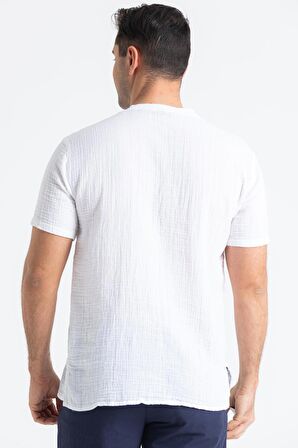 Kısa Kol Müslin Erkek Ribanalı Tshirt Beyaz Byz