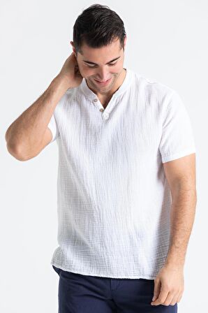 Kısa Kol Müslin Erkek Ribanalı Tshirt Beyaz Byz