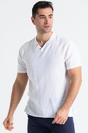 Kısa Kol Müslin Erkek Ribanalı Tshirt Beyaz Byz
