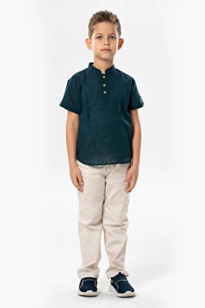 Kısa Kol Şile Bezi Bodrum Yazlık Erkek Çocuk Tshirt Koyu Petrol 3069