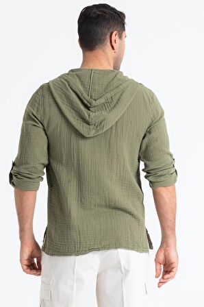 Uzun Kol Müslin Erkek Kapüşonlu Sweatshirt Haki Hk