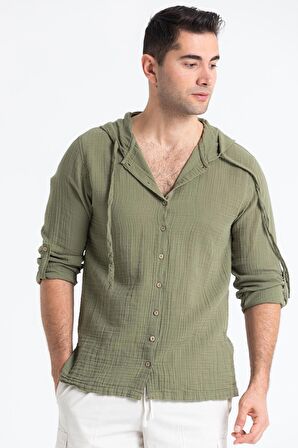 Uzun Kol Müslin Erkek Kapüşonlu Sweatshirt Haki Hk