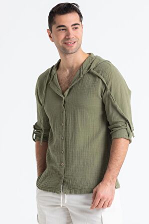 Uzun Kol Müslin Erkek Kapüşonlu Sweatshirt Haki Hk