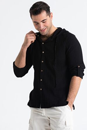 Uzun Kol Müslin Erkek Kapüşonlu Sweatshirt Siyah Syh