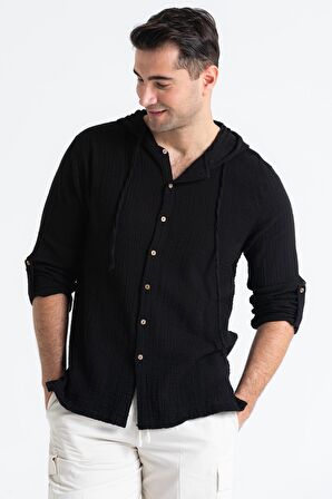 Uzun Kol Müslin Erkek Kapüşonlu Sweatshirt Siyah Syh