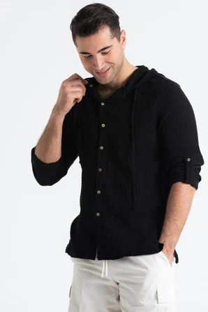Uzun Kol Müslin Erkek Kapüşonlu Sweatshirt Siyah Syh