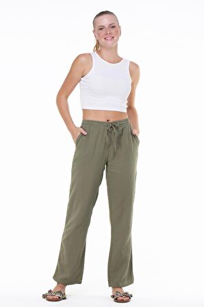 Müslin Beli Bağcıklı Çift Cepli Kadın Pantolon Haki Hk