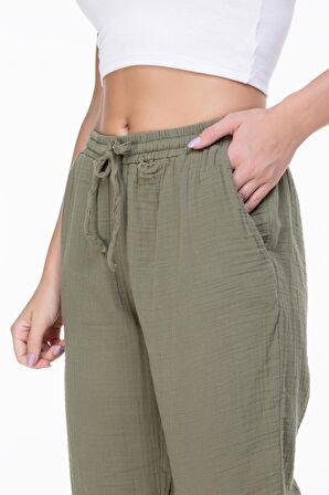 Müslin Beli Bağcıklı Çift Cepli Kadın Pantolon Haki Hk