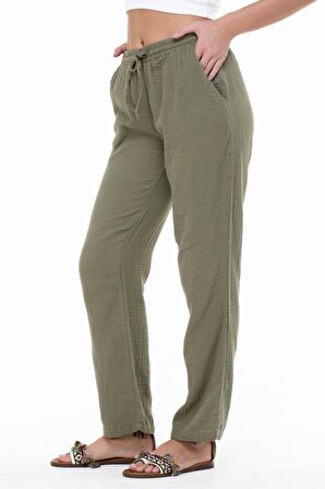 Müslin Beli Bağcıklı Çift Cepli Kadın Pantolon Haki Hk