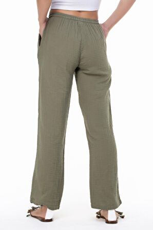 Müslin Beli Bağcıklı Çift Cepli Kadın Pantolon Haki Hk