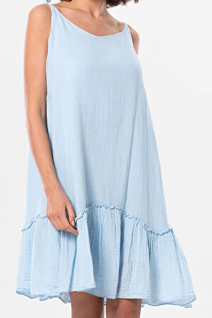 Askılı Serra Volanlı Kısa Yazlık Müslin Elbise Buz Mavi Bmv