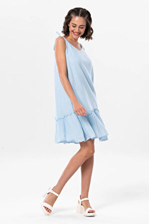Askılı Serra Volanlı Kısa Yazlık Müslin Elbise Buz Mavi Bmv