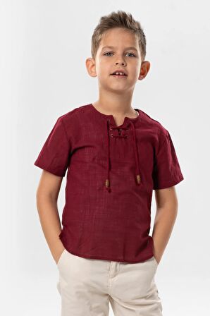 Kısa Kol Şile Bezi Zımbalı Yazlık Erkek Çocuk Tshirt Koyu Bordo 3068