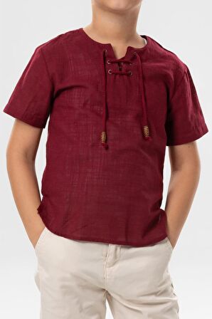 Kısa Kol Şile Bezi Zımbalı Yazlık Erkek Çocuk Tshirt Koyu Bordo 3068