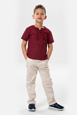 Kısa Kol Şile Bezi Zımbalı Yazlık Erkek Çocuk Tshirt Koyu Bordo 3068