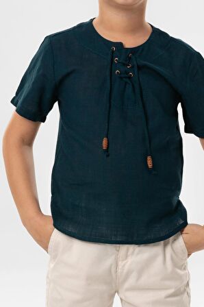 Kısa Kol Şile Bezi Zımbalı Yazlık Erkek Çocuk Tshirt Koyu Petrol 3069