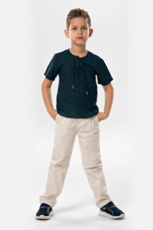 Kısa Kol Şile Bezi Zımbalı Yazlık Erkek Çocuk Tshirt Koyu Petrol 3069